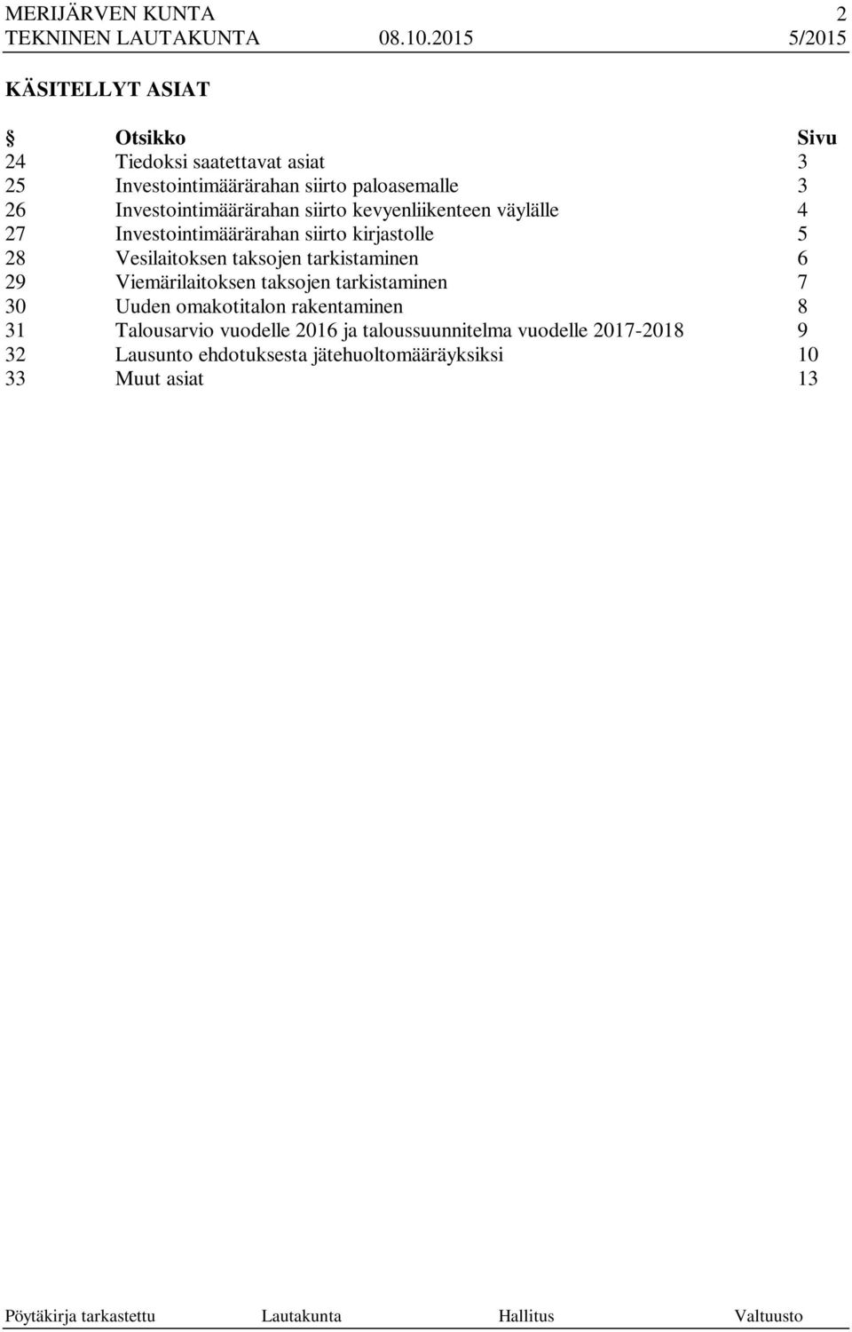taksojen tarkistaminen 6 29 Viemärilaitoksen taksojen tarkistaminen 7 30 Uuden omakotitalon rakentaminen 8 31