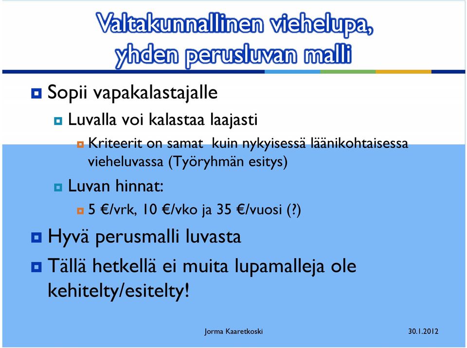 esitys) Luvan hinnat: 5 /vrk, 10 /vko ja 35 /vuosi (?