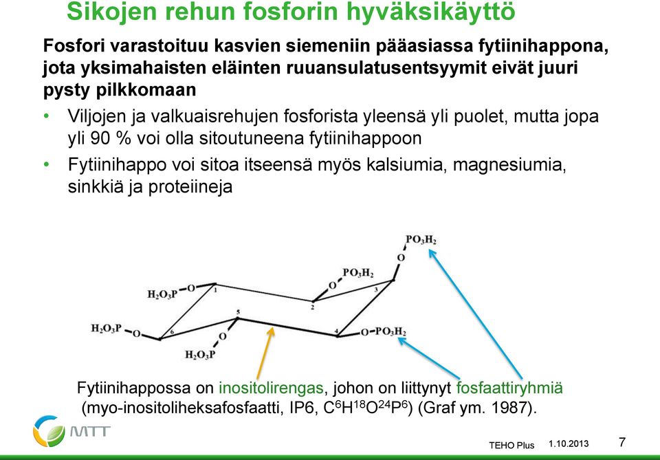 olla sitoutuneena fytiinihappoon Fytiinihappo voi sitoa itseensä myös kalsiumia, magnesiumia, sinkkiä ja proteiineja Fytiinihappossa on