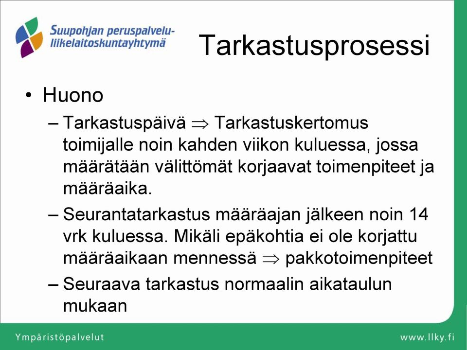 Seurantatarkastus määräajan jälkeen noin 14 vrk kuluessa.