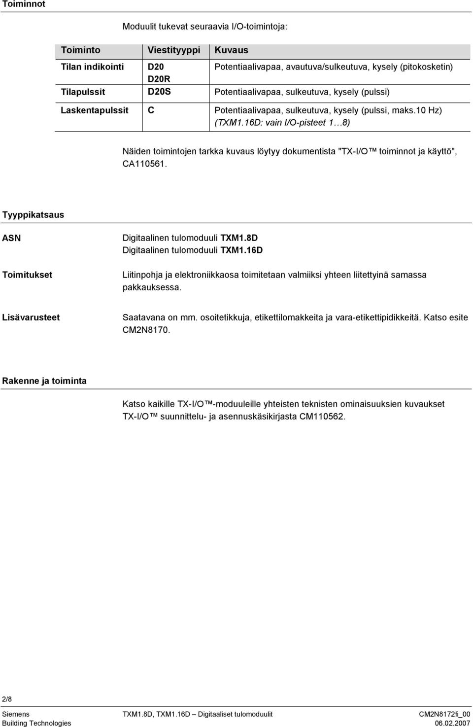 16D: vain I/O-pisteet 1 8) Näiden toimintojen tarkka kuvaus löytyy dokumentista "TX-I/O toiminnot ja käyttö", CA110561. Tyyppikatsaus ASN Digitaalinen tulomoduuli TXM1.