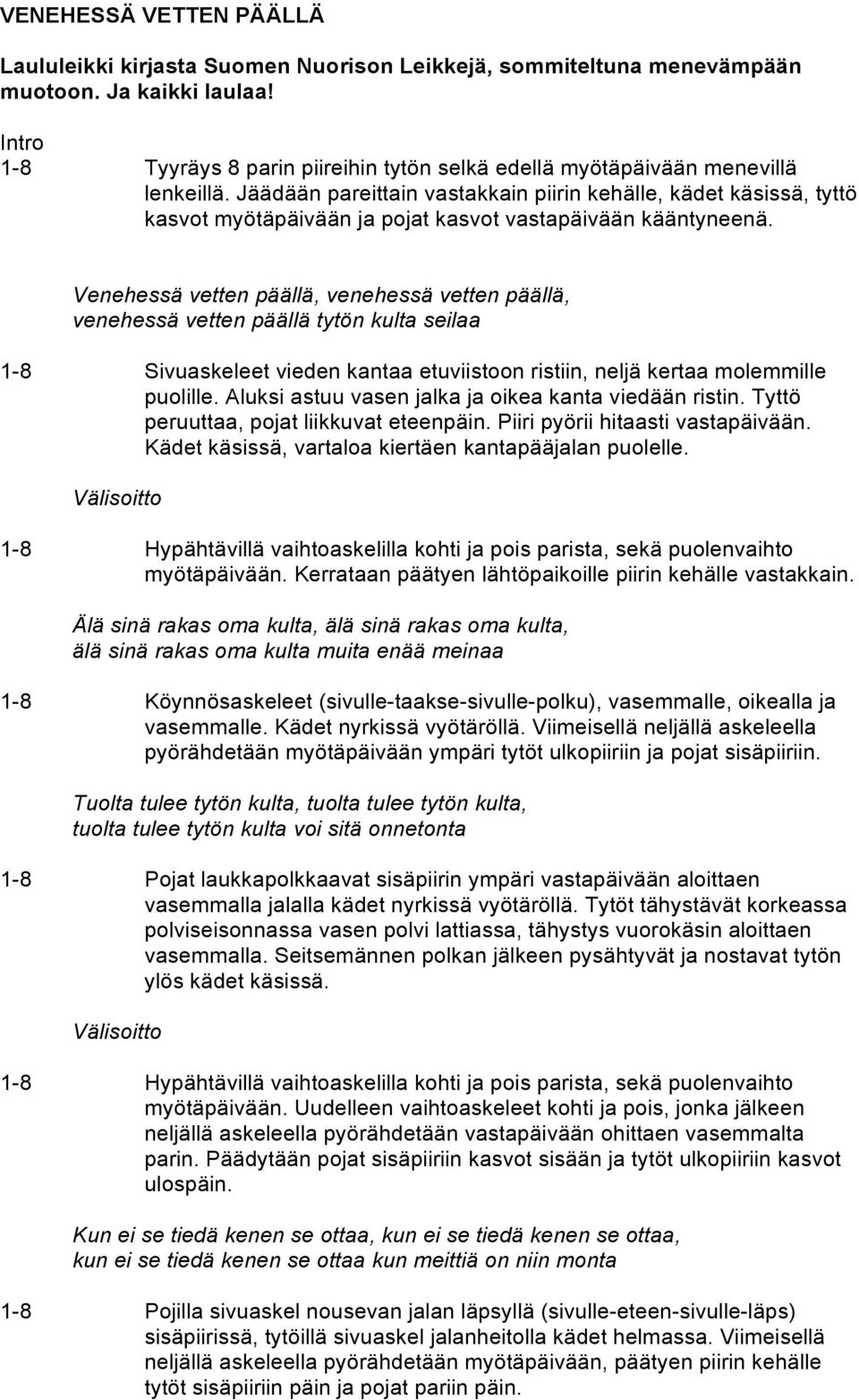 Jäädään pareittain vastakkain piirin kehälle, kädet käsissä, tyttö kasvot myötäpäivään ja pojat kasvot vastapäivään kääntyneenä.