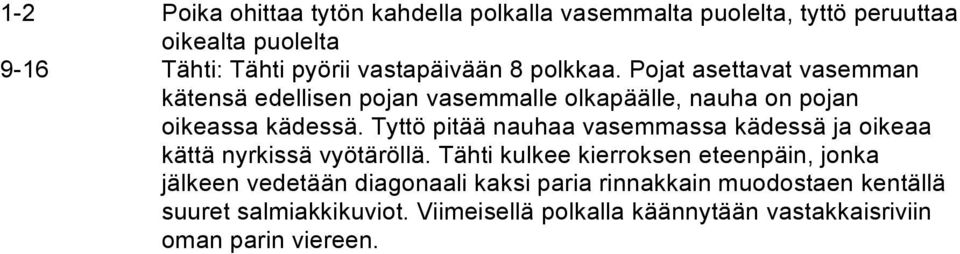 Tyttö pitää nauhaa vasemmassa kädessä ja oikeaa kättä nyrkissä vyötäröllä.