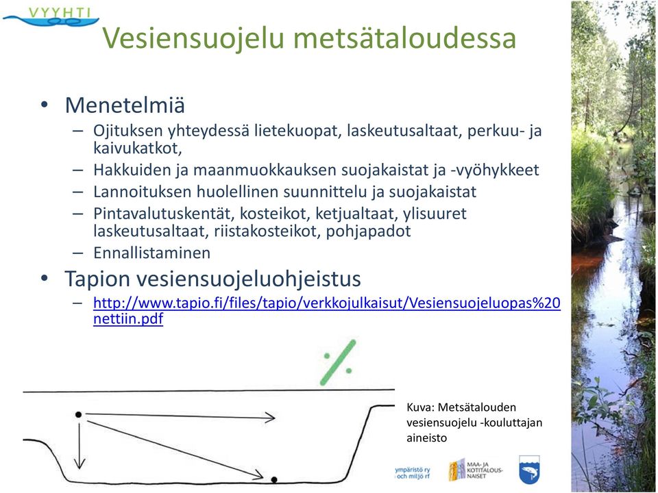 kosteikot, ketjualtaat, ylisuuret laskeutusaltaat, riistakosteikot, pohjapadot Ennallistaminen Tapion vesiensuojeluohjeistus