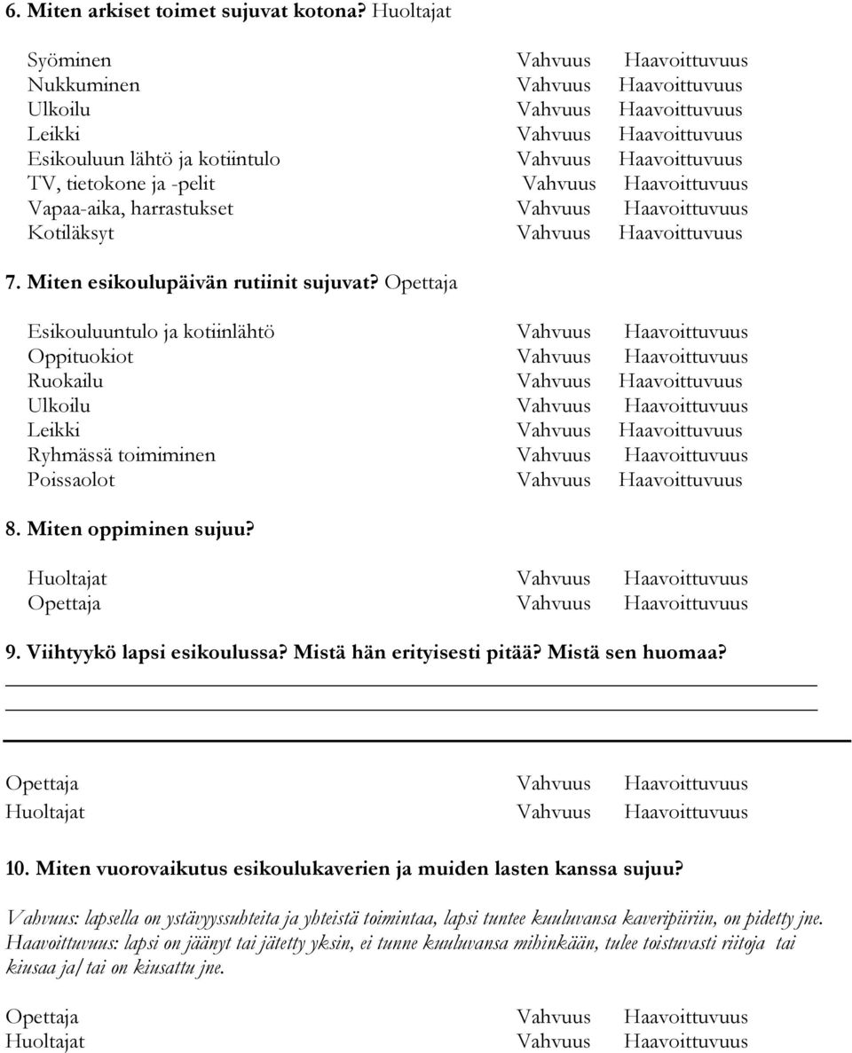 ja -pelit Vahvuus Haavoittuvuus Vapaa-aika, harrastukset Vahvuus Haavoittuvuus Kotiläksyt Vahvuus Haavoittuvuus 7. Miten esikoulupäivän rutiinit sujuvat?