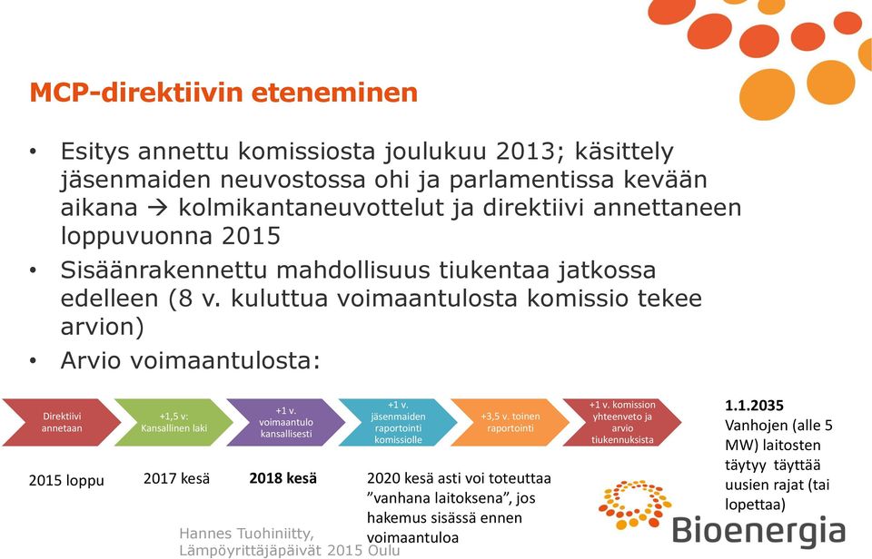 kuluttua voimaantulosta komissio tekee arvion) Arvio voimaantulosta: Direktiivi annetaan +1,5 v: Kansallinen laki +1 v. voimaantulo kansallisesti +1 v.