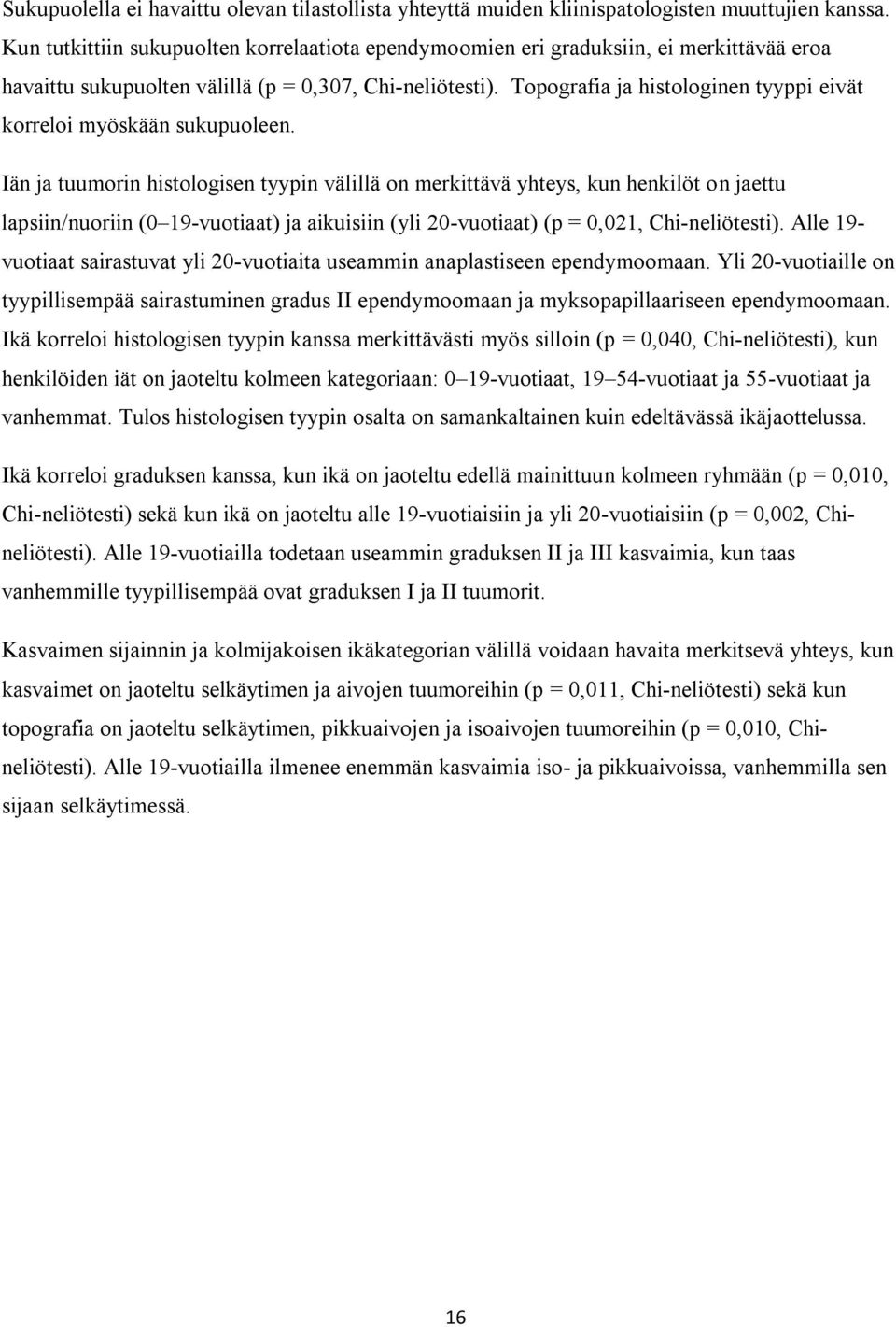 Topografia ja histologinen tyyppi eivät korreloi myöskään sukupuoleen.