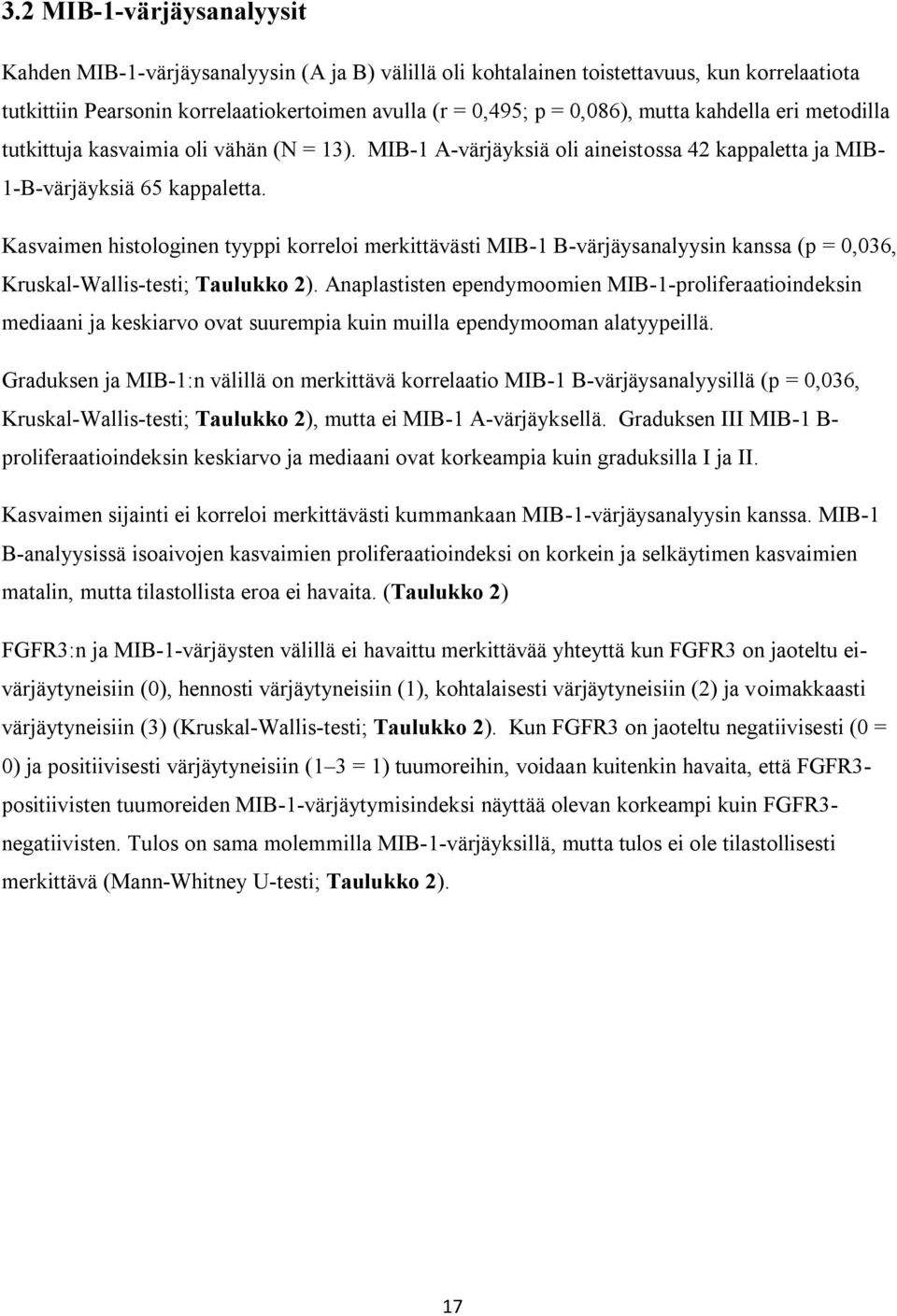 Kasvaimen histologinen tyyppi korreloi merkittävästi MIB-1 B-värjäysanalyysin kanssa (p = 0,036, Kruskal-Wallis-testi; Taulukko 2).