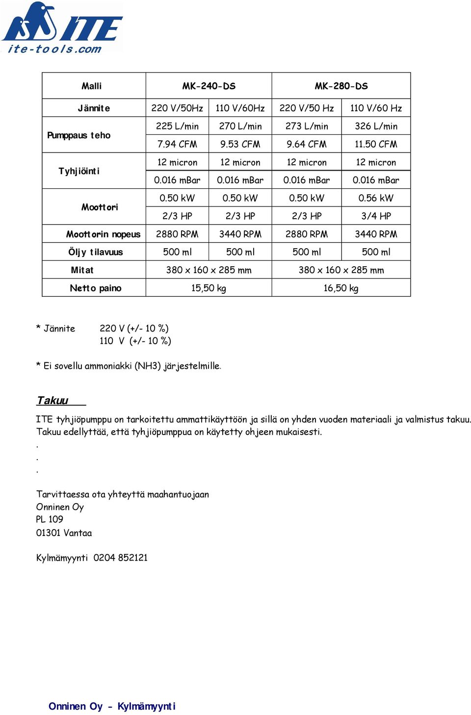 500 ml 500 ml 500 ml Mitat 380 x 160 x 285 mm 380 x 160 x 285 mm Netto paino 15,50 kg 16,50 kg * Jännite 220 V (+/- 10 %) 110 V (+/- 10 %) * Ei sovellu ammoniakki (NH3) järjestelmille Takuu ITE