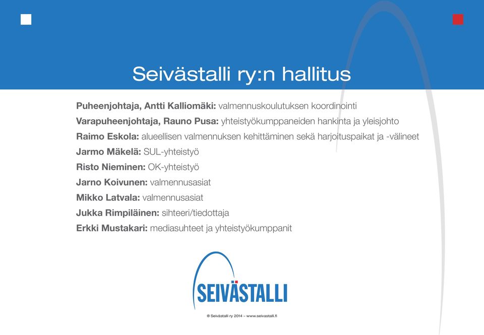 harjoituspaikat ja -välineet Jarmo Mäkelä: SUL-yhteistyö Risto Nieminen: OK-yhteistyö Jarno Koivunen: