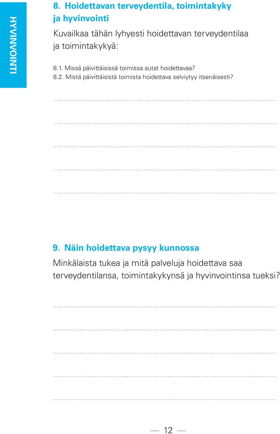 terveydentilaa ja toimintakykyä: 8.1. Missä päivittäisissä toimissa autat hoidettavaa? 8.2.