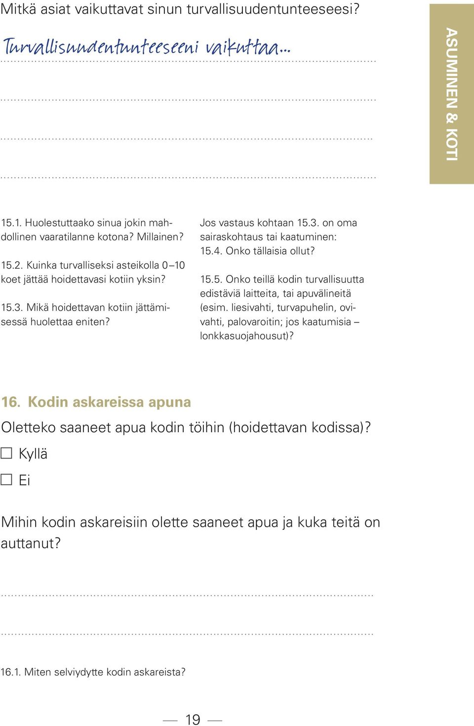 4. Onko tällaisia ollut? 15.5. Onko teillä kodin turvallisuutta edistäviä laitteita, tai apuvälineitä (esim. liesivahti, turvapuhelin, ovivahti, palovaroitin; jos kaatumisia lonkkasuojahousut)? 16.