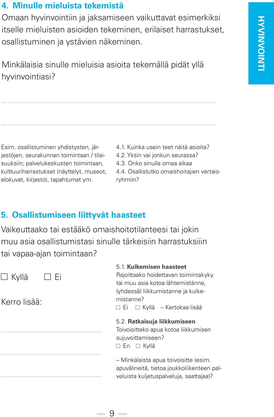 osallistuminen yhdistysten, järjestöjen, seurakunnan toimintaan / tilaisuuksiin; palvelukeskusten toimintaan, kulttuuriharrastukset (näyttelyt, museot, elokuvat, kirjasto), tapahtumat ym. 4.1.