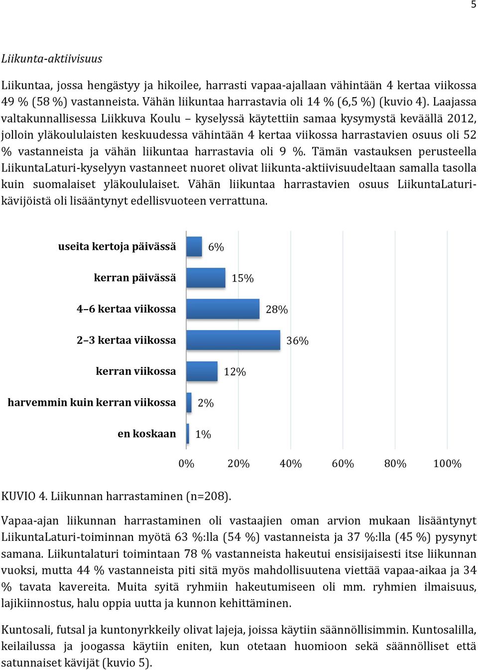 ja vähän liikuntaa harrastavia oli 9 %. Tämän vastauksen perusteella LiikuntaLaturi-kyselyyn vastanneet nuoret olivat liikunta-aktiivisuudeltaan samalla tasolla kuin suomalaiset yläkoululaiset.