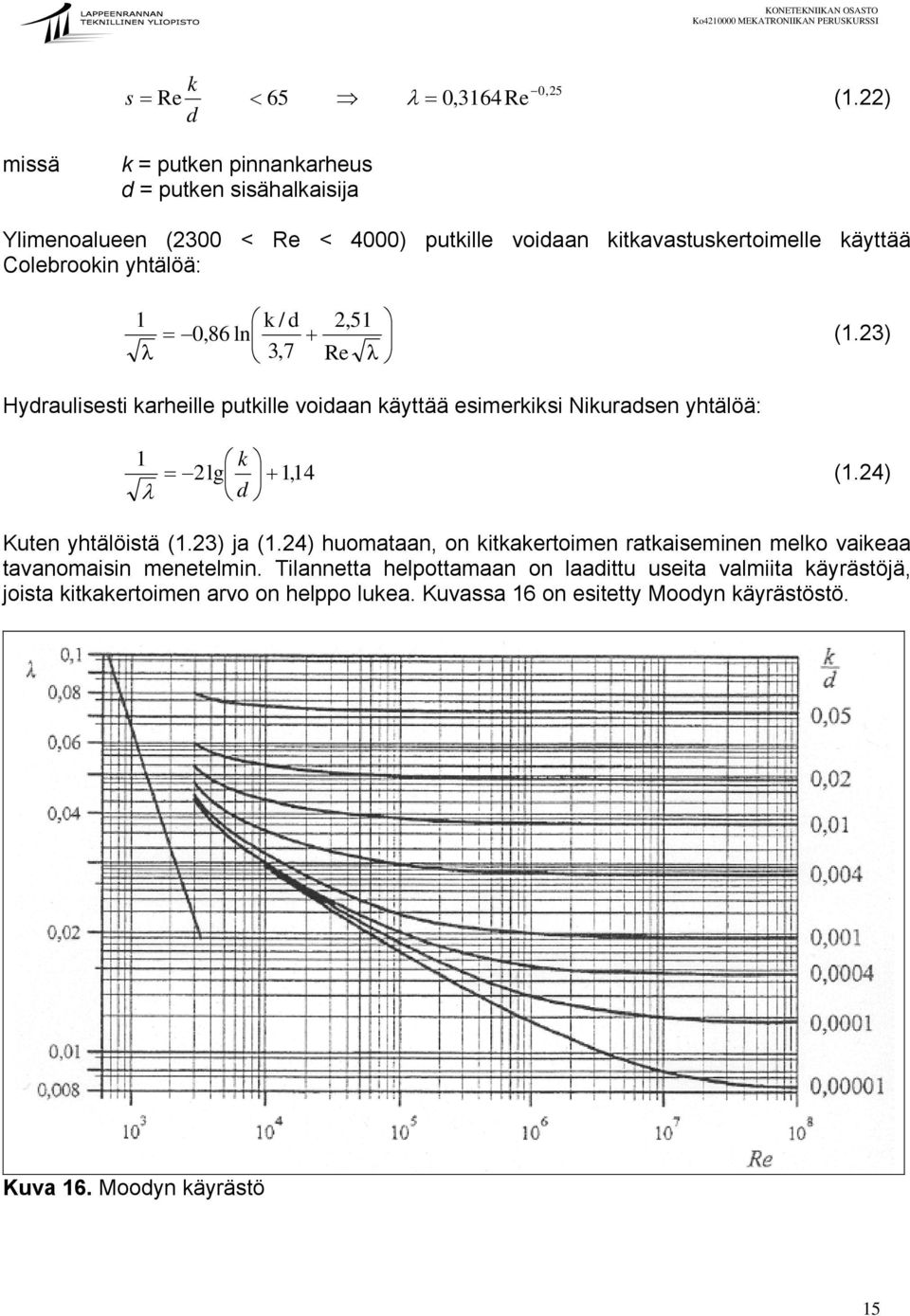 k / d 2,51 = 0,86 ln + 3,7 Re λ (1.23) Hydraulisesti karheille putkille voidaan käyttää esimerkiksi Nikuradsen yhtälöä: 1 = 2lg λ k d + 1,14 (1.