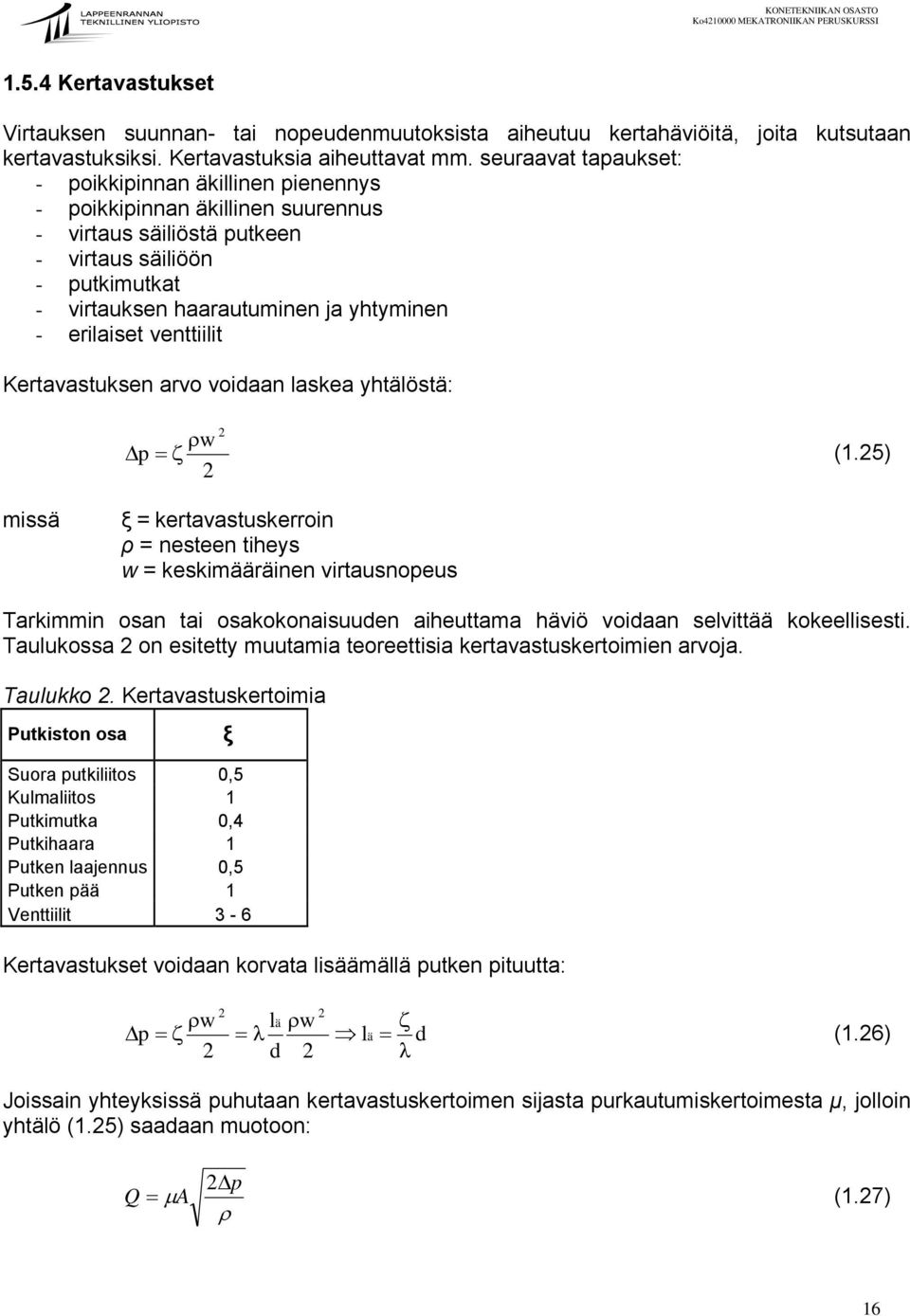 erilaiset venttiilit Kertavastuksen arvo voidaan laskea yhtälöstä: 2 ρw p = ζ (1.