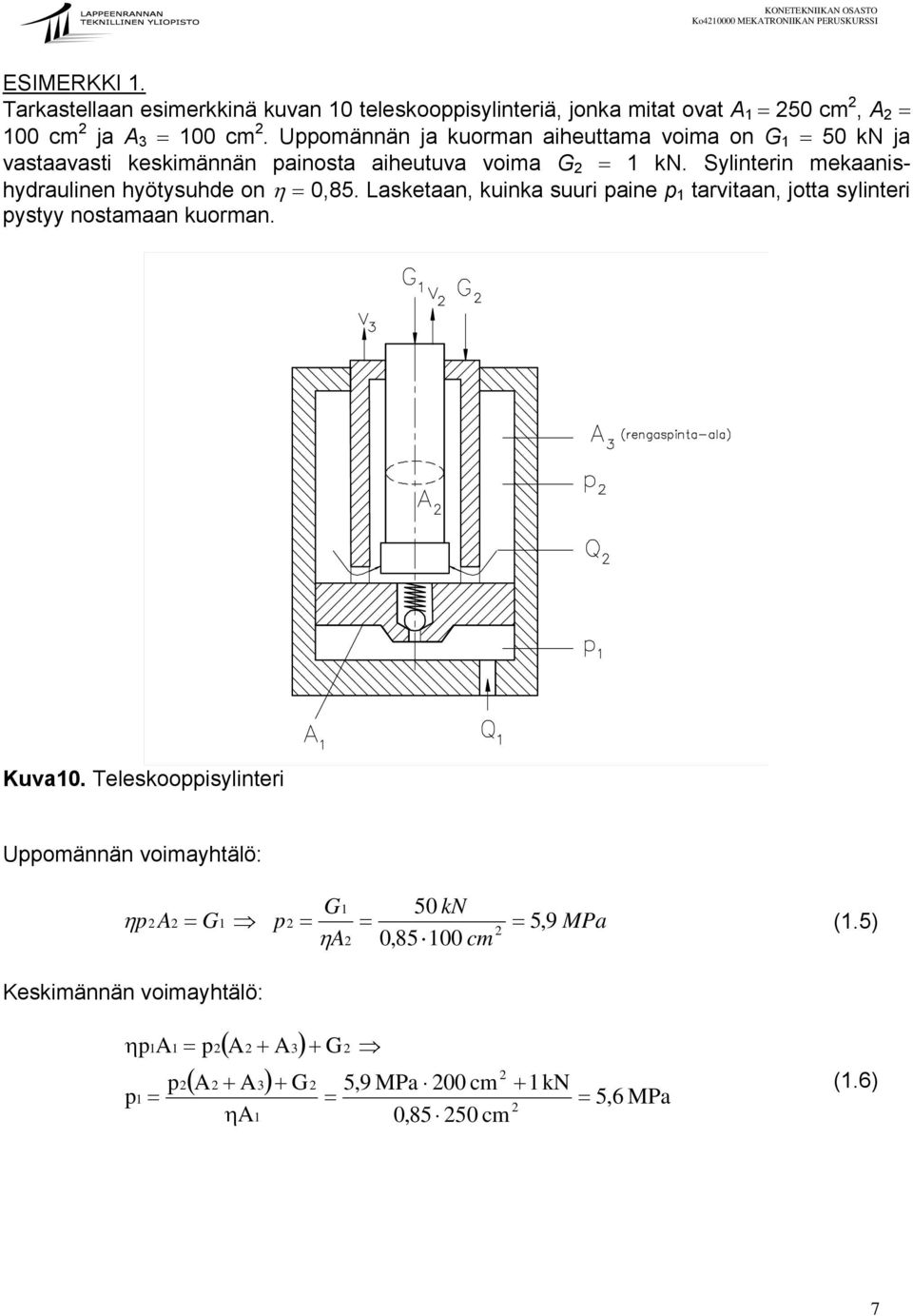 Sylinterin mekaanishydraulinen hyötysuhde on η = 0,85. Lasketaan, kuinka suuri paine p 1 tarvitaan, jotta sylinteri pystyy nostamaan kuorman. Kuva10.