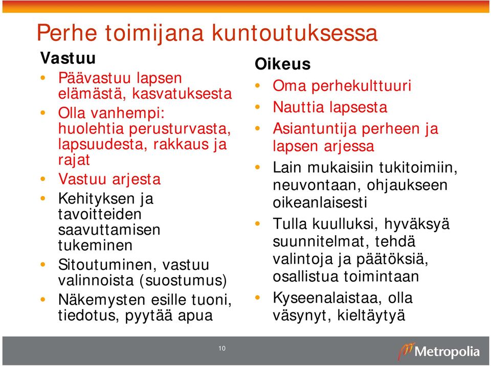 tiedotus, pyytää apua Oikeus Oma perhekulttuuri Nauttia lapsesta Asiantuntija perheen ja lapsen arjessa Lain mukaisiin tukitoimiin, neuvontaan,