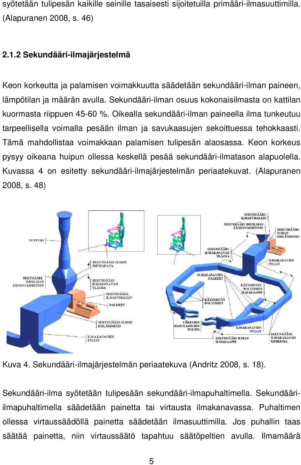 Sekundääri-ilman osuus kokonaisilmasta on kattilan kuormasta riippuen 45-60 %.