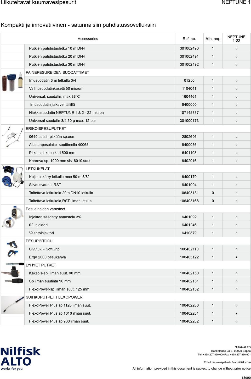 12 bar 301000173 1 ERIKOISPESUPUTKET 0640 suutin pitkään sp:een 2802696 1 Alustanpesulaite suuttimella 40065 6400036 1 Pitkä suihkuputki, 1500 mm 6401193 1 Kaareva sp, 1090 mm sis. 8010 suut.