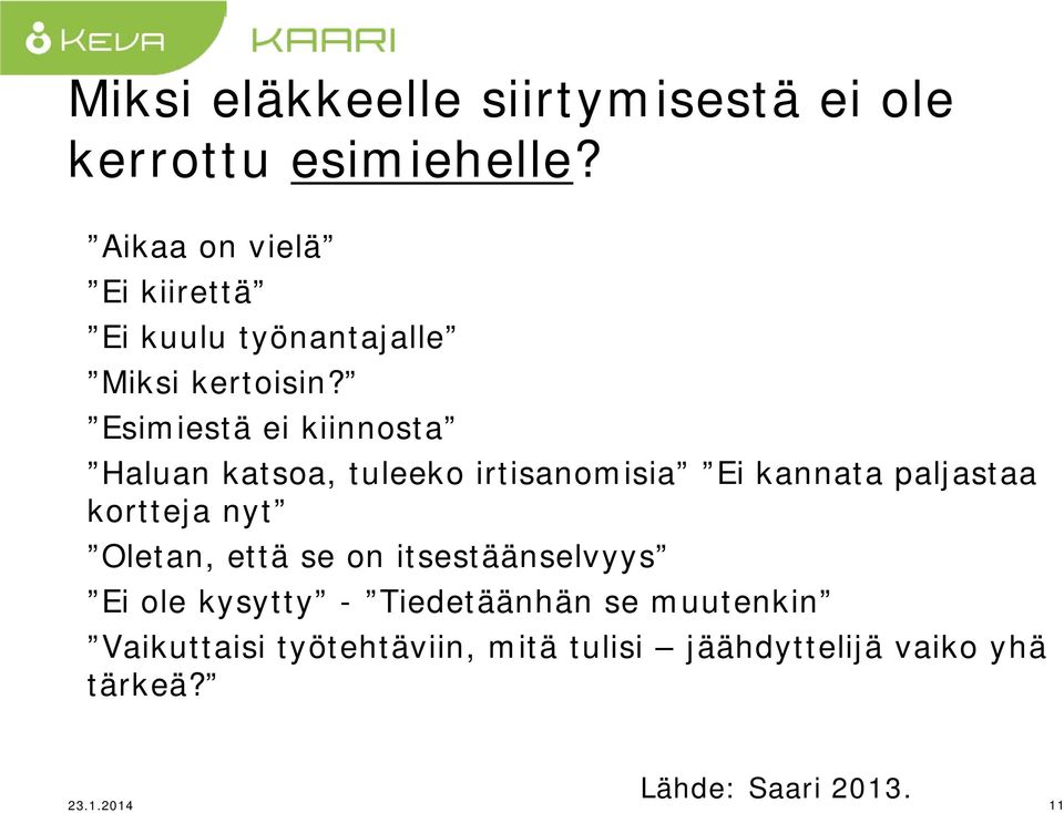 Esimiestä ei kiinnosta Haluan katsoa, tuleeko irtisanomisia Ei kannata paljastaa kortteja nyt