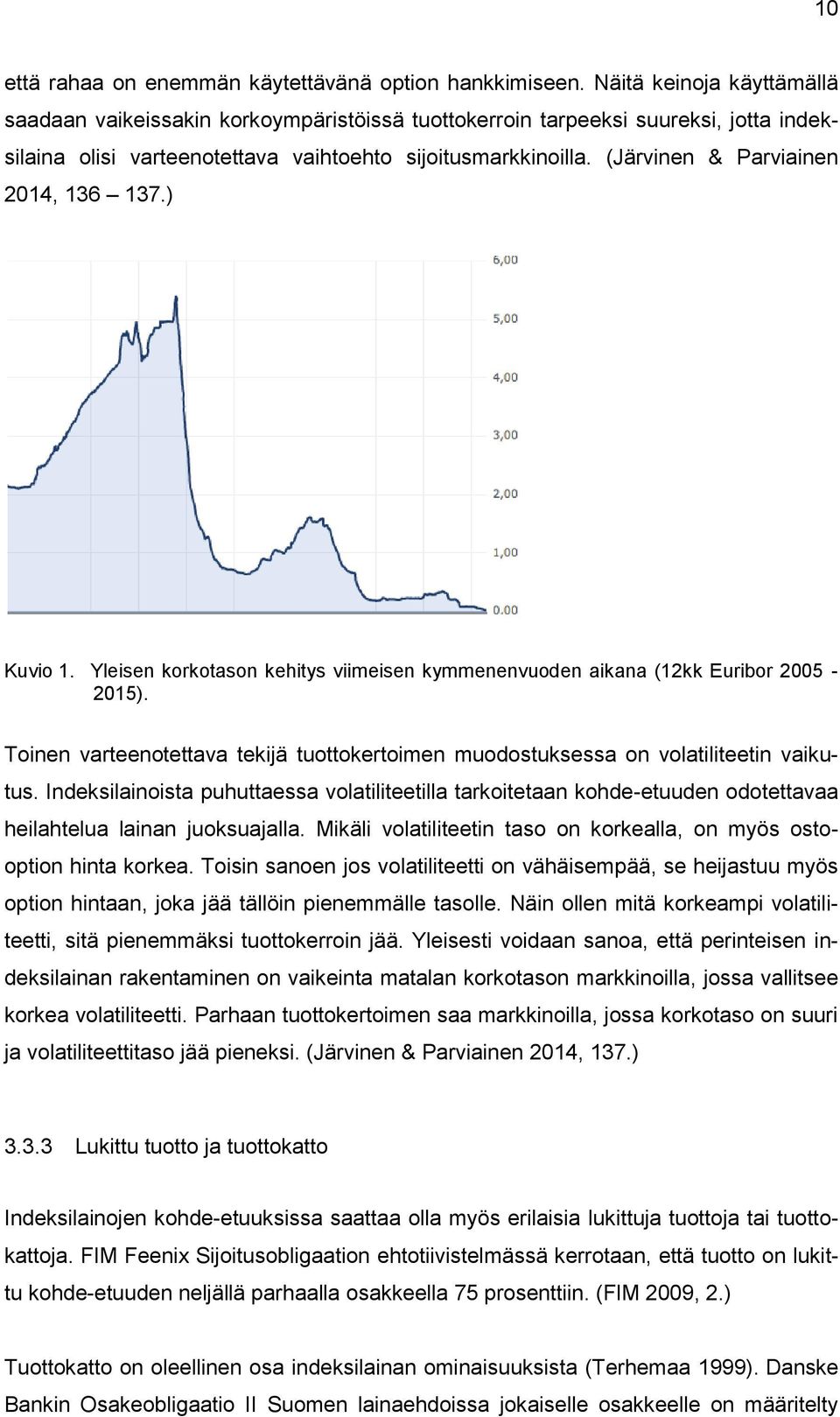 (Järvinen & Parviainen 2014, 136 137.) Kuvio 1. Yleisen korkotason kehitys viimeisen kymmenenvuoden aikana (12kk Euribor 2005-2015).