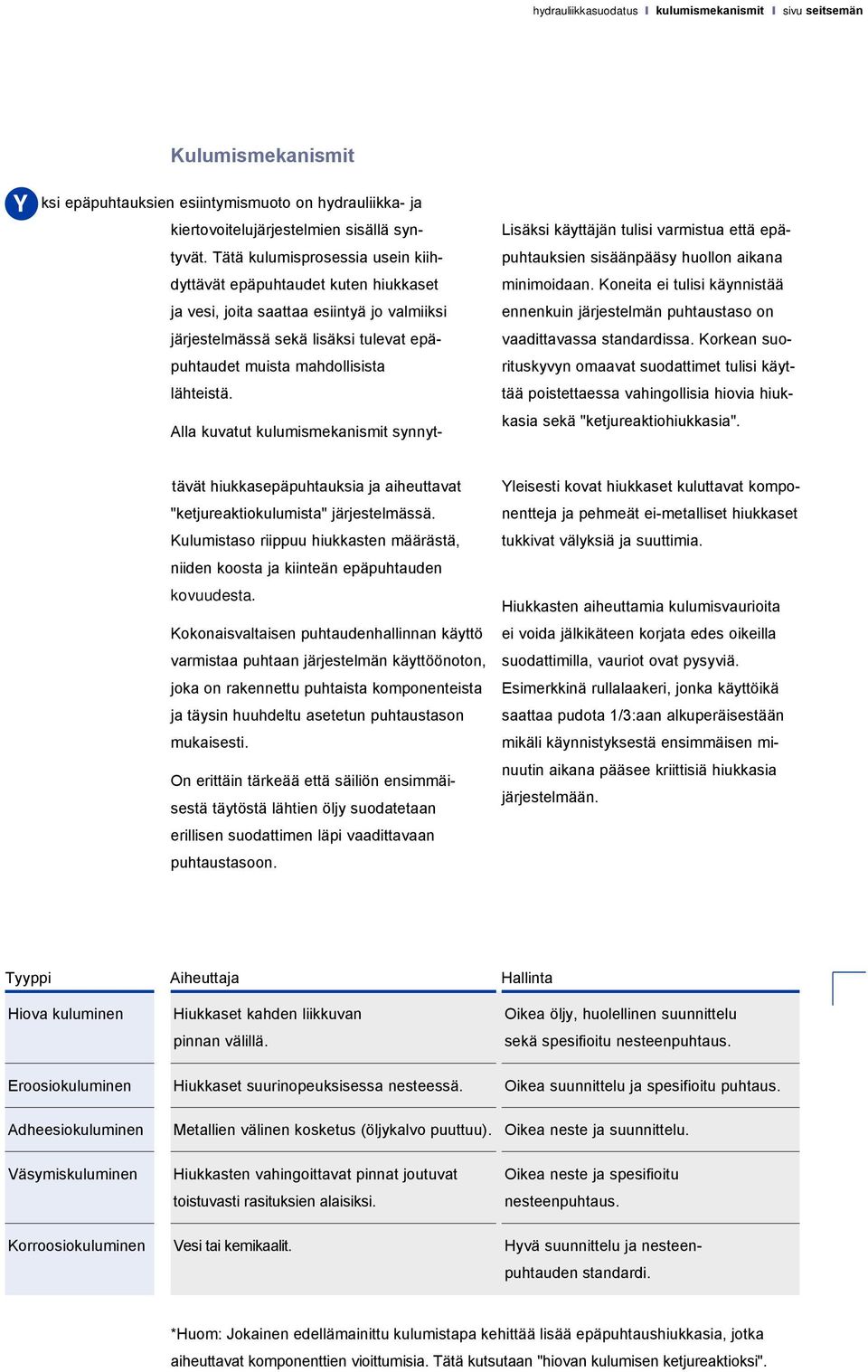 Korkean suorituskyvyn omaavat suodattimet tulisi käyttää poistettaessa vahingollisia hiovia hiukkasia sekä "ketjureaktiohiukkasia".