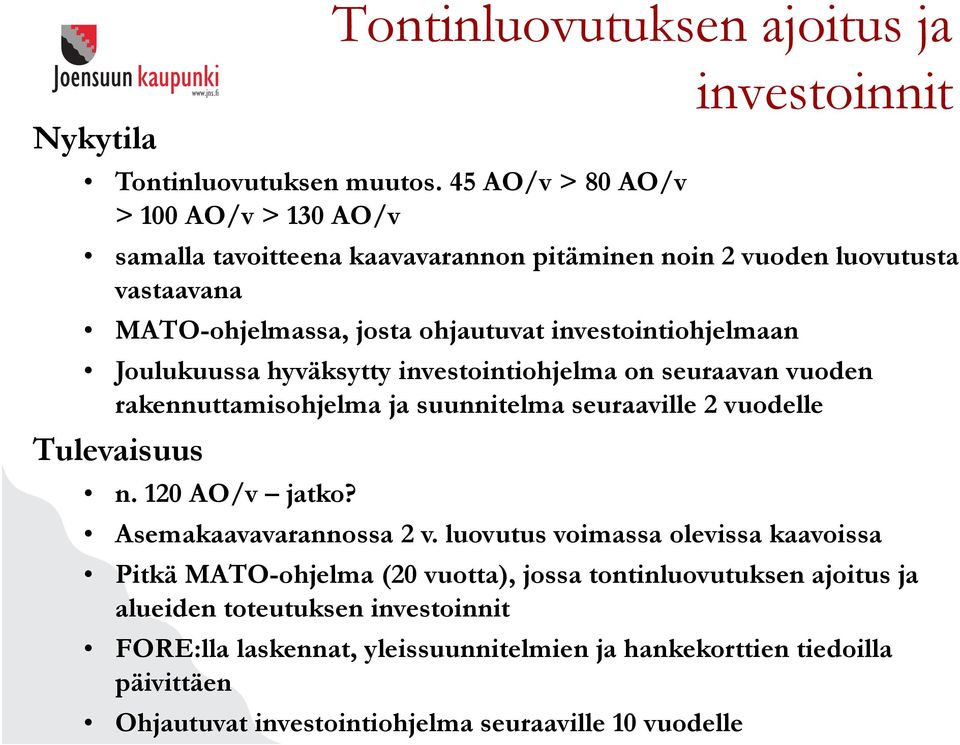 Joulukuussa hyväksytty investointiohjelma on seuraavan vuoden rakennuttamisohjelma ja suunnitelma seuraaville 2 vuodelle Tulevaisuus n. 120 AO/v jatko?