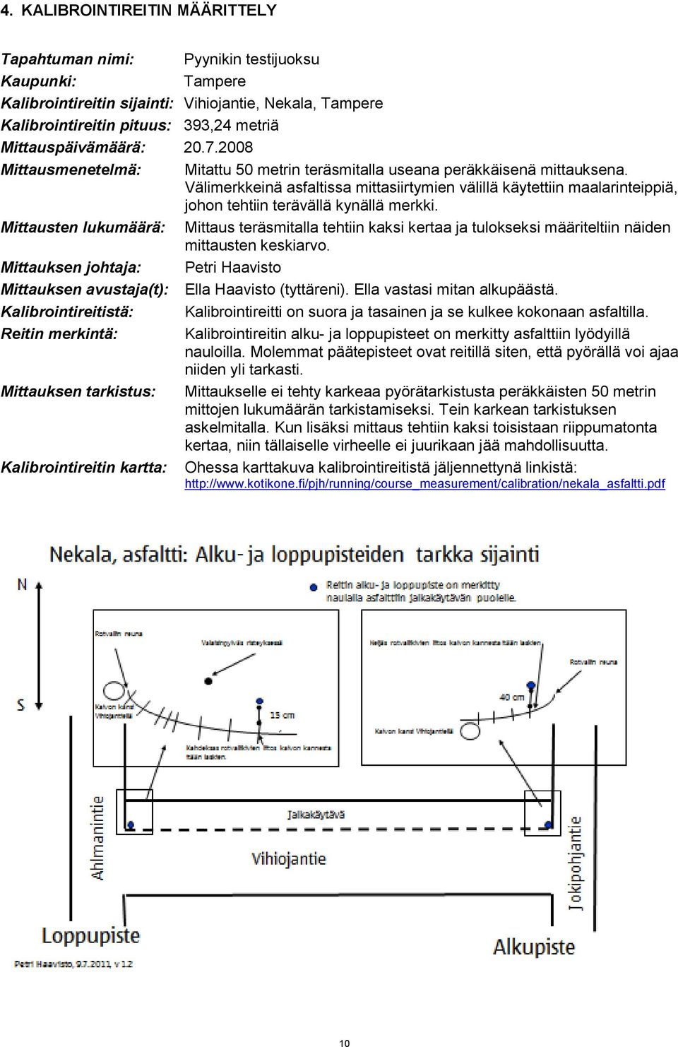 Välimerkkeinä asfaltissa mittasiirtymien välillä käytettiin maalarinteippiä, johon tehtiin terävällä kynällä merkki.