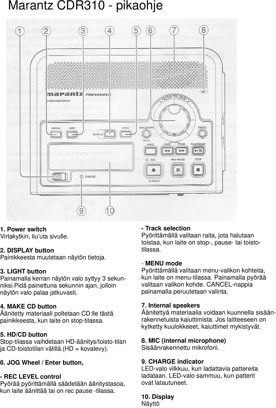 HD/CD button Stop-tilassa vaihdetaan HD-äänitys/toisto-tilan ja CD-toistotilan välillä.(hd = kovalevy). 6.