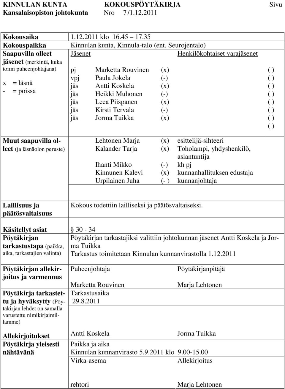 Seurojentalo) Jäsenet Henkilökohtaiset varaenet pj vpj Marketta Rouvinen Paula Jokela Antti Koskela Heikki Muhonen Leea Piispanen Kirsti Tervala Jorma Tuikka Muut saapuvilla olleet (ja läsnäolon
