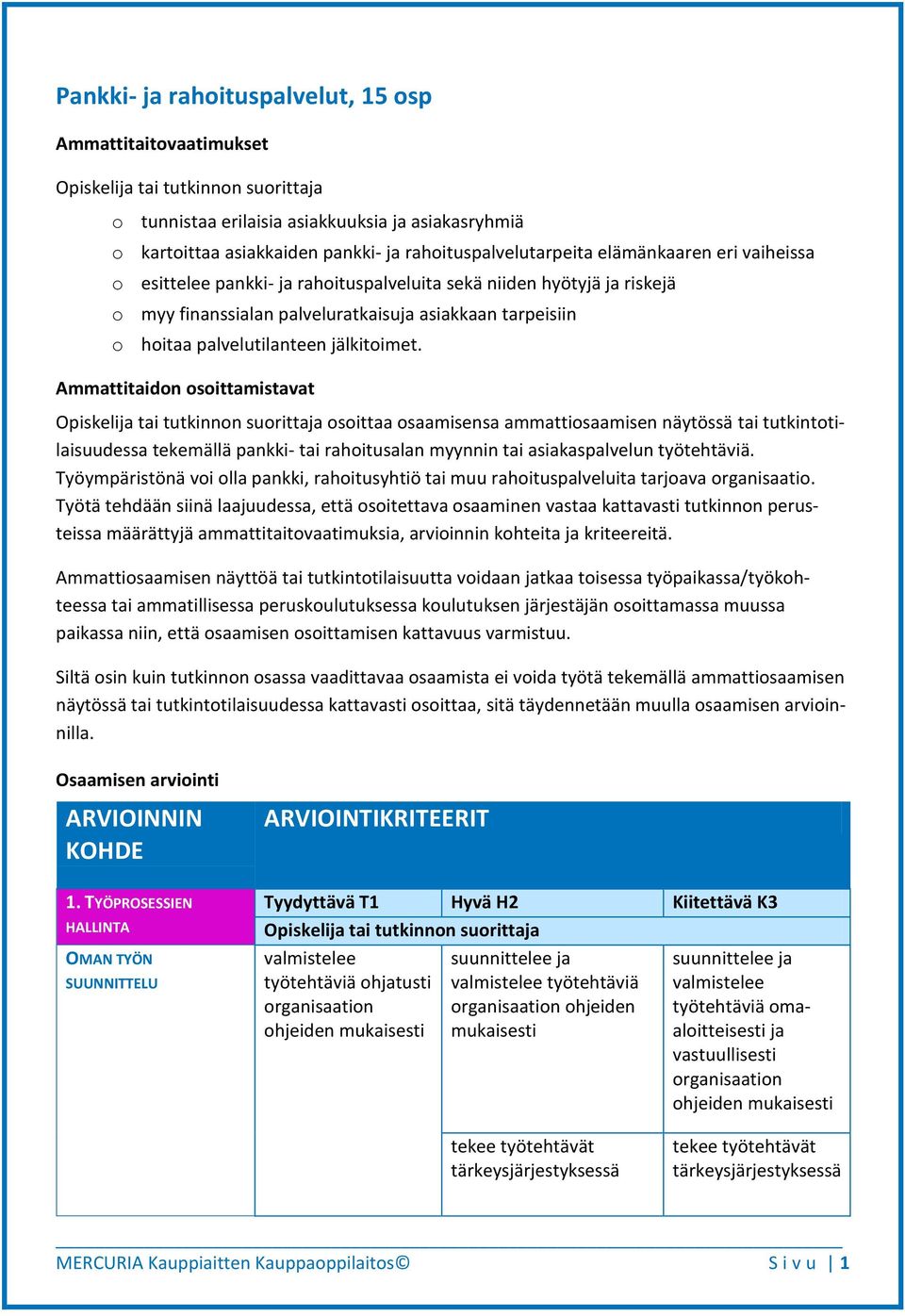 Ammattitaidon osoittamistavat osoittaa osaamisensa ammattiosaamisen näytössä tai tutkintotilaisuudessa tekemällä pankki- tai rahoitusalan myynnin tai asiakaspalvelun työtehtäviä.