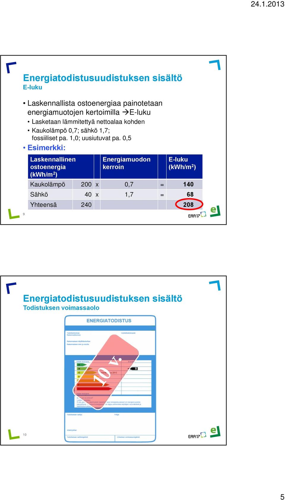 0,5 Esimerkki: 9 Laskennallinen ostoenergia (kwh/m 2 ) Energiamuodon kerroin E-luku (kwh/m 2