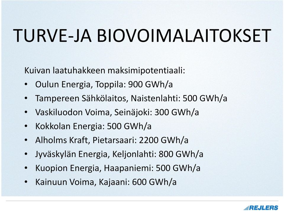 GWh/a Kokkolan Energia: 500 GWh/a Alholms Kraft, Pietarsaari: 2200 GWh/a Jyväskylän Energia,