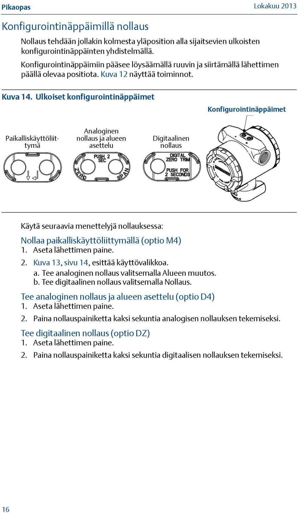 Ulkoiset konfigurointinäppäimet Analoginen Paikalliskäyttöliittymä nollaus ja alueen Digitaalinen LOI Analog asettelu Zero and Span Digital nollaus Zero Konfigurointinäppäimet A.