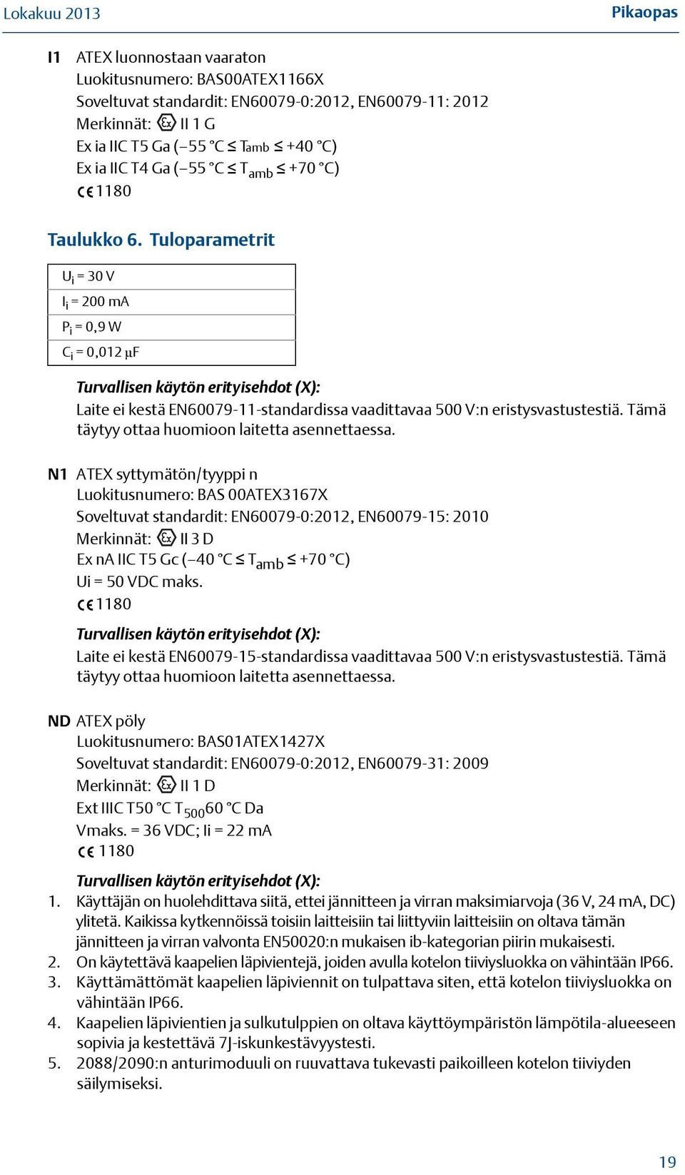 Tuloparametrit U i = 30 V I i = 200 ma P i = 0,9 W C i = 0,012 μf Turvallisen käytön erityisehdot (X): Laite ei kestä EN60079-11-standardissa vaadittavaa 500 V:n eristysvastustestiä.