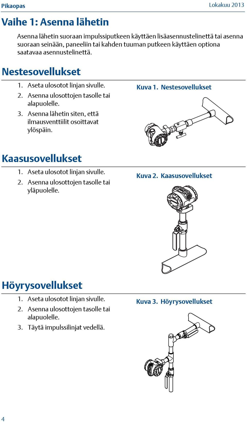 Asenna lähetin siten, että ilmausventtiilit osoittavat ylöspäin. Kuva 1. Nestesovellukset Kaasusovellukset 1. Aseta ulosotot linjan sivulle. 2.