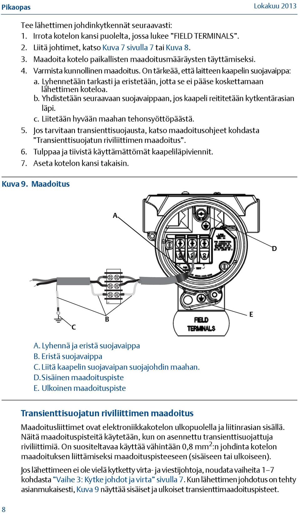 Lyhennetään tarkasti ja eristetään, jotta se ei pääse koskettamaan lähettimen koteloa. b. Yhdistetään seuraavaan suojavaippaan, jos kaapeli reititetään kytkentärasian läpi. c.