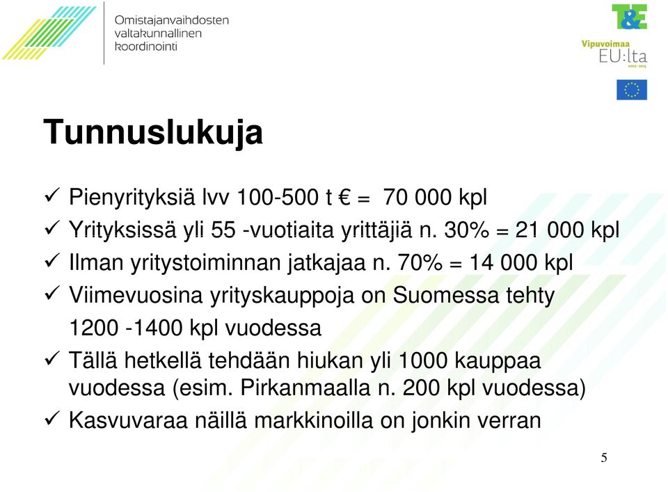 70% = 14 000 kpl Viimevuosina yrityskauppoja on Suomessa tehty 1200-1400 kpl vuodessa Tällä