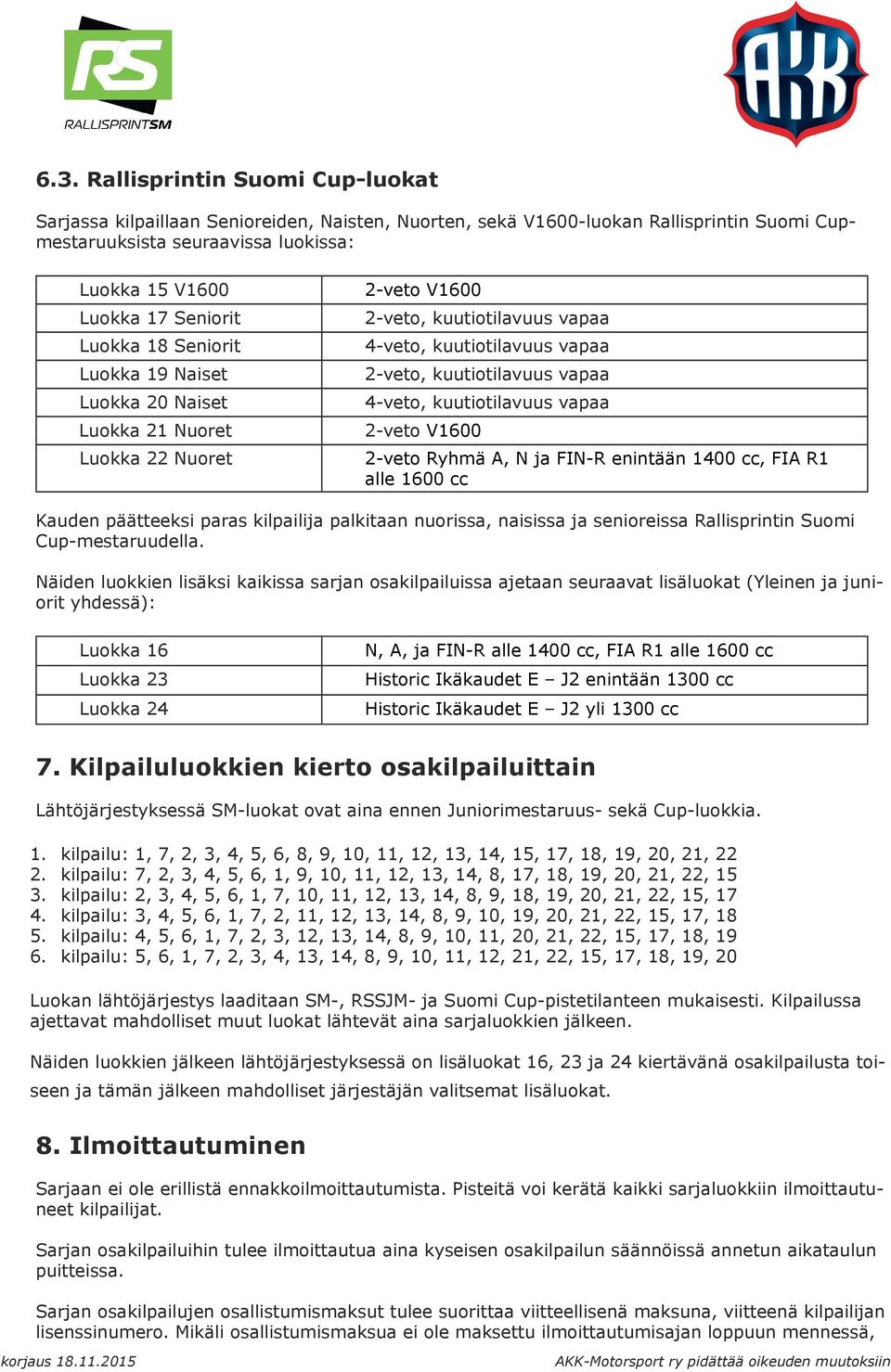 4-veto, kuutiotilavuus vapaa 2-veto V1600 2-veto Ryhmä A, N ja FIN-R enintään 1400 cc, FIA R1 alle 1600 cc Kauden päätteeksi paras kilpailija palkitaan nuorissa, naisissa ja senioreissa Rallisprintin