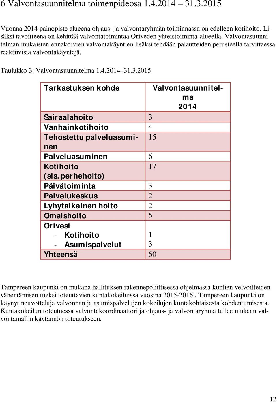 Valvontasuunnitelman mukaisten ennakoivien valvontakäyntien lisäksi tehdään palautteiden perusteella tarvittaessa reaktiivisia valvontakäyntejä. Taulukko 3: