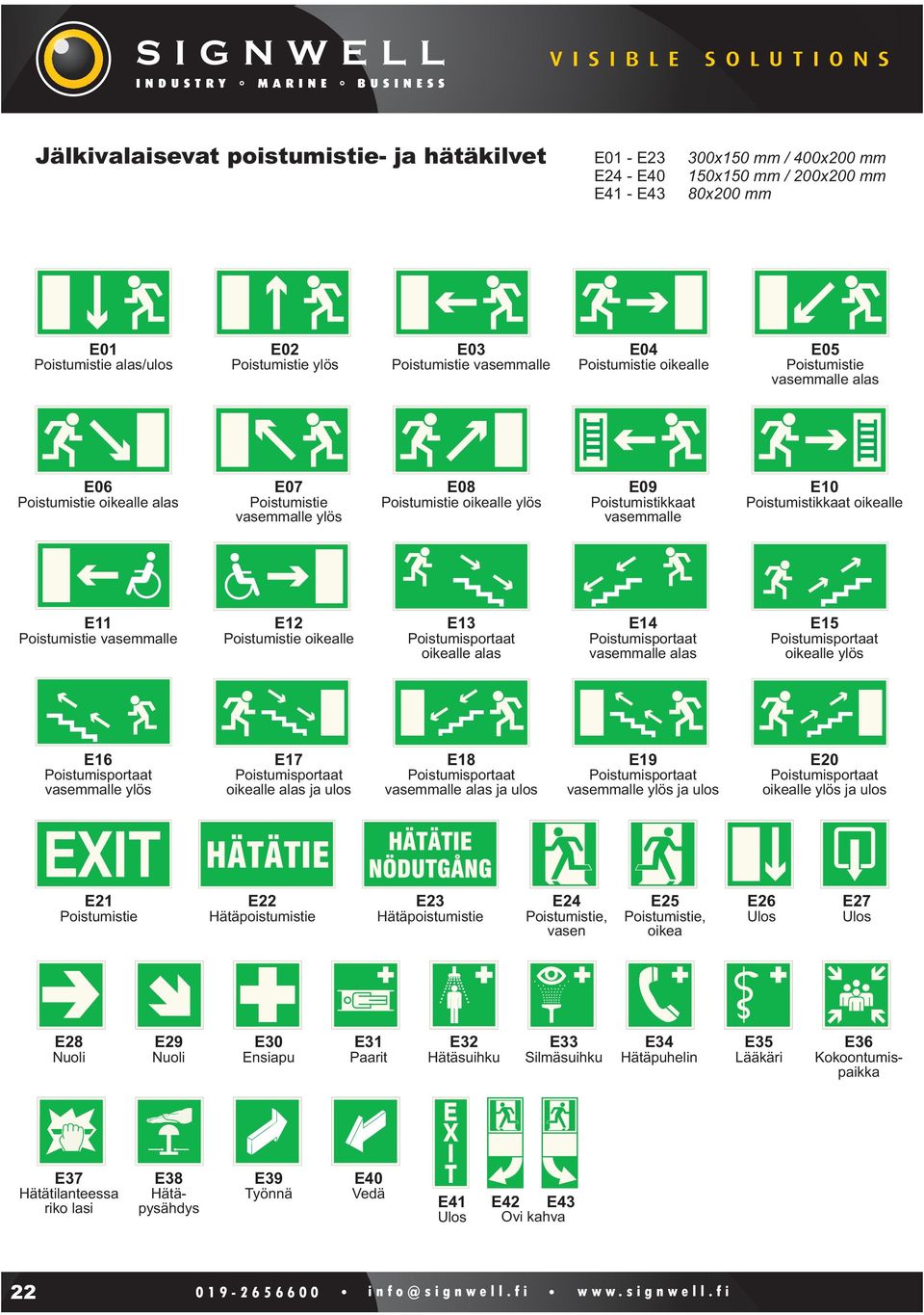 E10 Poistumistikkaat oikealle E11 Poistumistie vasemmalle E12 Poistumistie oikealle E13 oikealle alas E14 vasemmalle alas E15 oikealle ylös E16 vasemmalle ylös E17 oikealle alas ja ulos E18