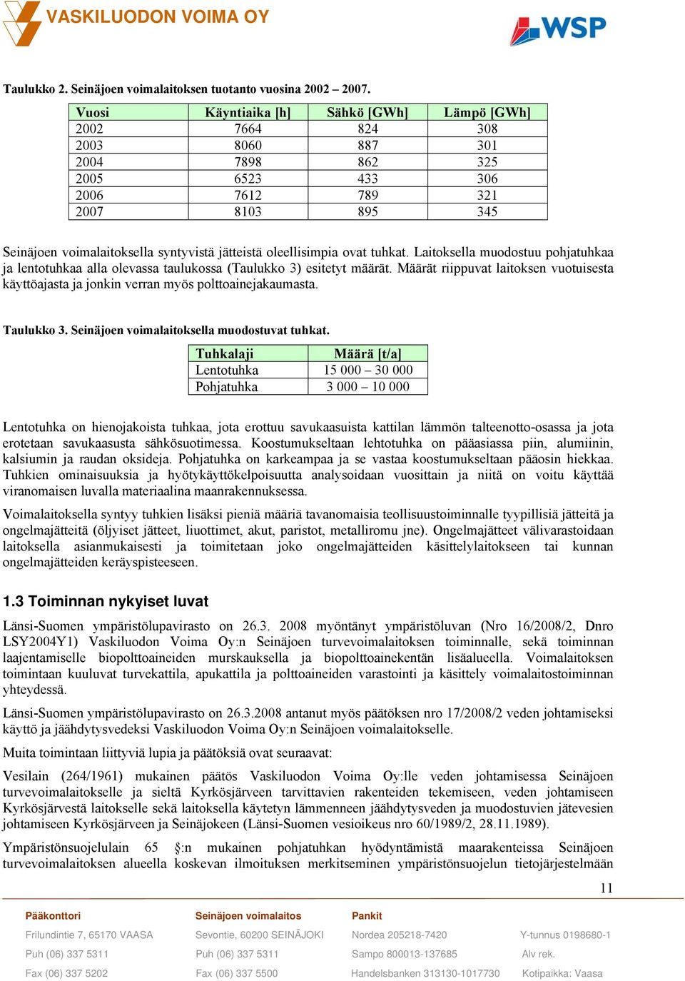 jätteistä oleellisimpia ovat tuhkat. Laitoksella muodostuu pohjatuhkaa ja lentotuhkaa alla olevassa taulukossa (Taulukko 3) esitetyt määrät.