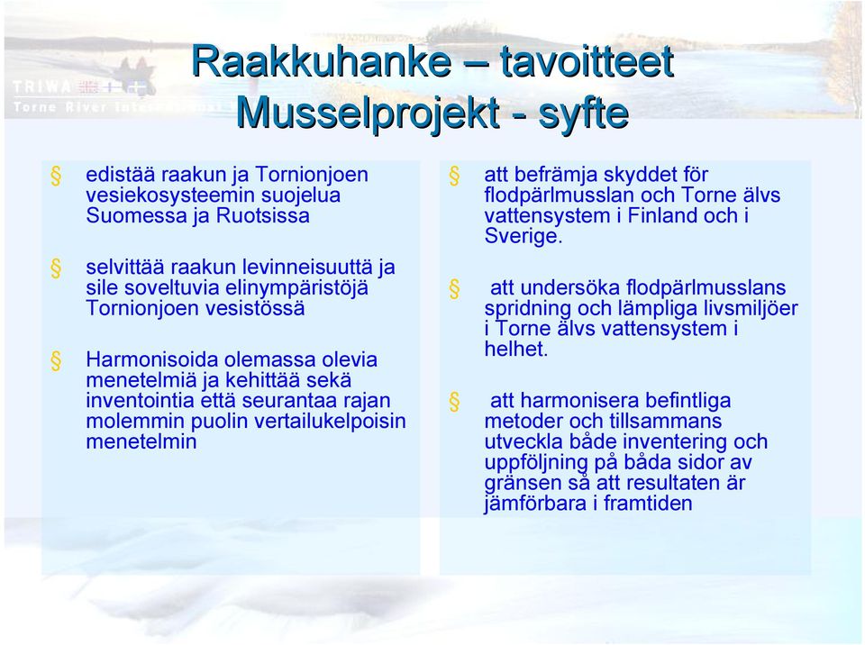 att befrämja skyddet för flodpärlmusslan och Torne älvs vattensystem i Finland och i Sverige.