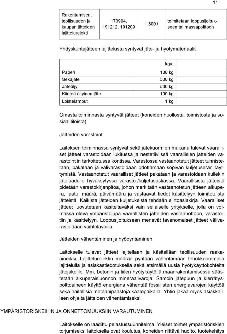 sosiaalitiloista) Jätteiden varastointi Laitoksen toiminnassa syntyvät sekä jätekuormien mukana tulevat vaaralliset jätteet varastoidaan lukitussa ja nestetiiviissä vaarallisien jätteiden