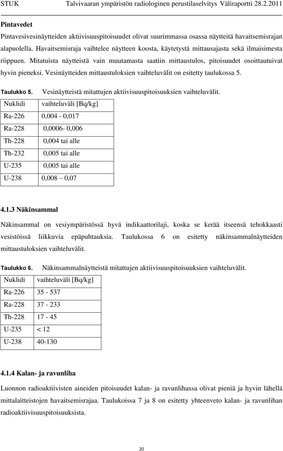 Vesinäytteiden mittaustuloksien vaihteluvälit on esitetty taulukossa 5. Taulukko 5. Nuklidi Vesinäytteistä mitattujen aktiivisuuspitoisuuksien vaihteluvälit.