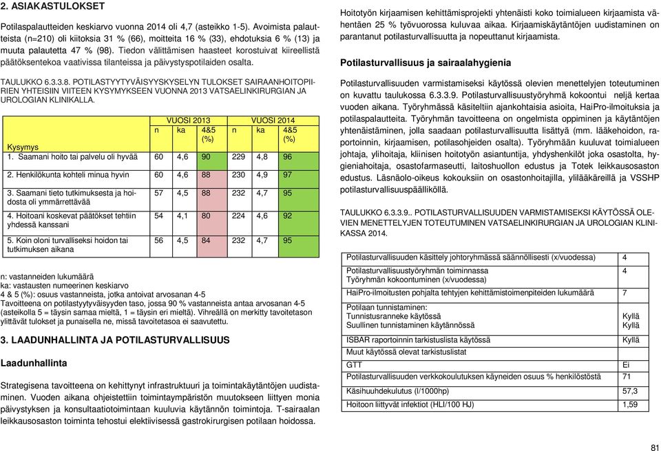 Tiedon välittämisen haasteet korostuivat kiireellistä päätöksentekoa vaativissa tilanteissa ja päivystyspotilaiden osalta. TAULUKKO 6.3.3.8.