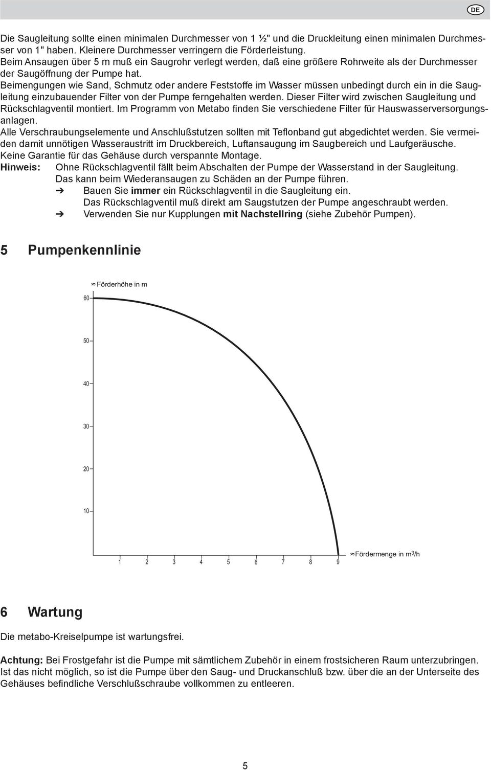 Beimengungen wie Sand, Schmutz oder andere Feststoffe im Wasser müssen unbedingt durch ein in die Saugleitung einzubauender Filter von der Pumpe ferngehalten werden.