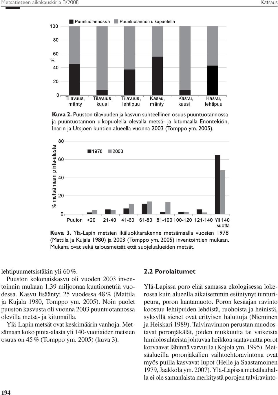 Puuston tilavuuden ja kasvun suhteellinen osuus puuntuotannossa ja puuntuotannon ulkopuolella olevalla metsä- ja kitumaalla Enontekiön, Inarin ja Utsjoen kuntien alueella vuonna 2003 (Tomppo ym.