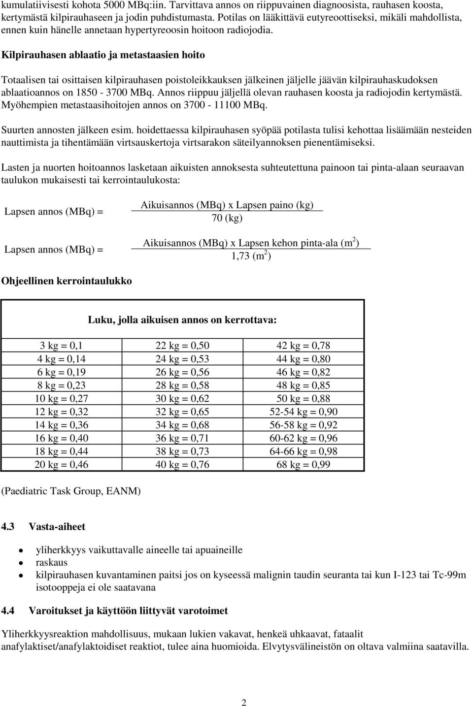 Kilpirauhasen ablaatio ja metastaasien hoito Totaalisen tai osittaisen kilpirauhasen poistoleikkauksen jälkeinen jäljelle jäävän kilpirauhaskudoksen ablaatioannos on 1850-3700 MBq.